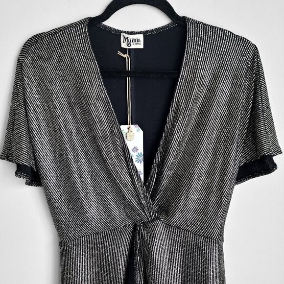 NWT Show Me Your Mumu Get Twisted Silver Metallic 70s Boho Mini Dress - Picture 5 of 11